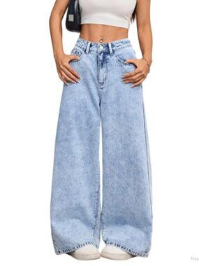 Women Baggy Wide Leg Y2K Hip Hop Jeans High Rise Loose Fit Cotton Blend